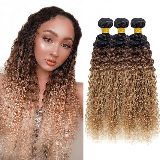 Ombre Bundles Human Hair Blonde Water Wave Bundle Niegmeag Virgin Remy Hair 3 Bundles 14 16 18 Inch T1B/4/27 Wet and Wavy Human Hair Bundle 300g