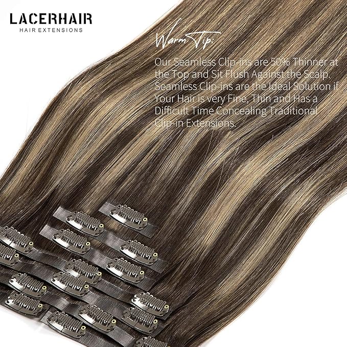Seamless Clip in Hair Extensions Human Hair 8Pcs 20in Ultra Invisible PU Skin Weft 150g 19 Clips Clip in Human Hair Extensions Chestnut Brown Mixed Dark Brown with Dark Brown Roots Real Human Hair