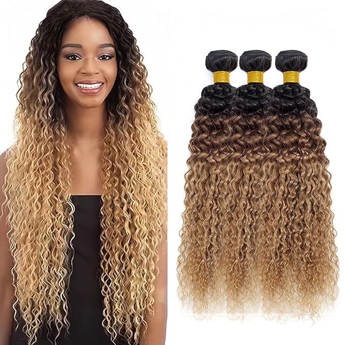 T1B/4/27 Bundles Human Hair Ombre Blonde Water Wave Bundles 24 26 28 Inch Niegmeag Virgin Remy Hair Extensions Honey Blonde Wet and Wavy Bundle