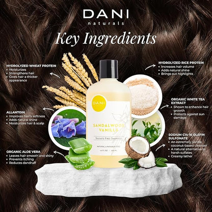 Naturals Shampoo with Sandalwood Vanilla Scent promotes hair thickening, strengthens follicles, and supports hair re-growth. Sulfate-free, nourishing, and soothing