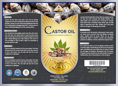 ANCIENT HEALTH REMEDIES Organic Unrefined Cold Pressed PURE CASTOR CARRIER OIL Bulk Wholesale Beauty Hair Growth Moisturizing DIY Oil For Body Butter Skin Products Skin Softening (INDIA) (32OZ)