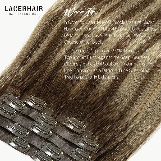 Lacer Human Hair Clip in Extensions 7Pcs 20 Inch Seamless Clip in Hair Extensions Highlignt Warm Brown to Dark Caramel Blonde Invisible PU Skin Weft Natural Human Hair 110Grams 18 Clips
