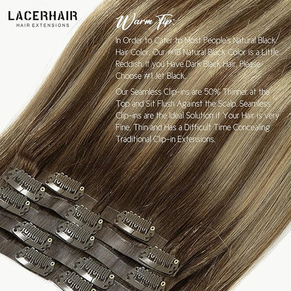 Lacer Human Hair Clip in Extensions 7Pcs 20 Inch Seamless Clip in Hair Extensions Highlignt Warm Brown to Dark Caramel Blonde Invisible PU Skin Weft Natural Human Hair 110Grams 18 Clips