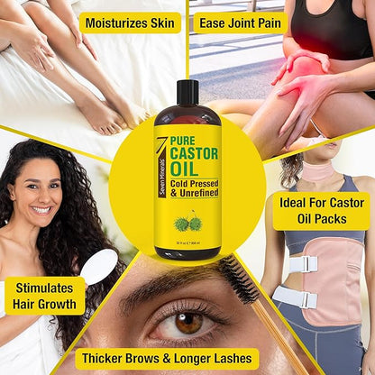 Pure Cold Pressed Castor Oil - Big 32 fl oz Bottle - Unrefined & Hexane Free - 100% Pure Castor Oil for Hair Growth, Thicker Eyelashes & Eyebrows, Dry Skin, Healing, Hair Care, Joint and Muscle Pain
