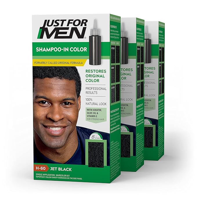 Just For Men Shampoo-In Color (Formerly Original Formula), Mens Hair Color with Keratin and Vitamin E for Stronger Hair - Jet Black, H-60, Pack of 3