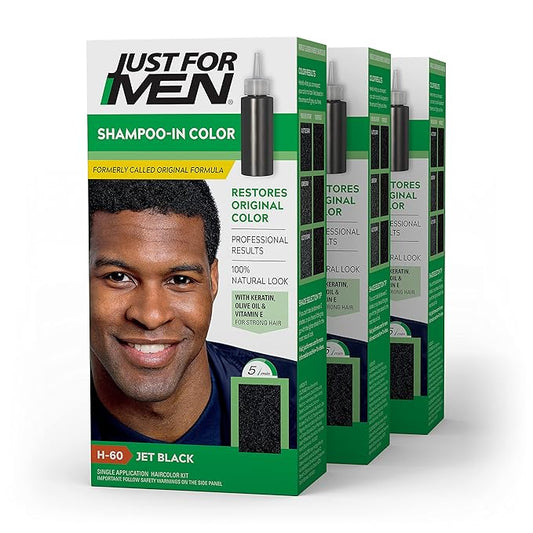Just For Men Shampoo-In Color (Formerly Original Formula), Mens Hair Color with Keratin and Vitamin E for Stronger Hair - Jet Black, H-60, Pack of 3