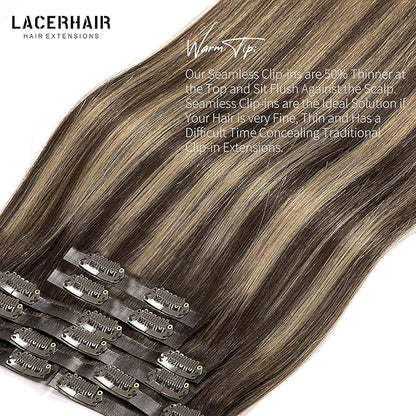 Seamless Clip in Hair Extensions Real Human Hair 7Pcs 18 Clips Chestnut Brown Mixed Dark Brown with Dark Brown Roots PU Weft Extensions Clip in Human Hair Natural Human Hair For Women 130g 18inch