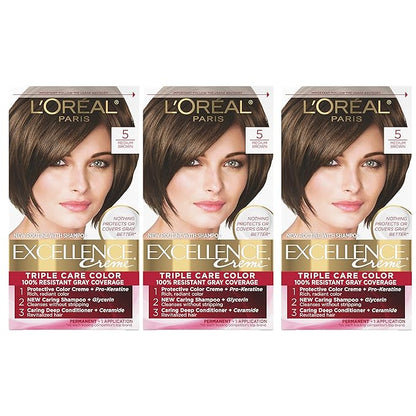 L'Oreal Paris Excellence Creme Permanent Hair Color, 5 Medium Brown, 100 percent Gray Coverage Hair Dye, Pack of 3