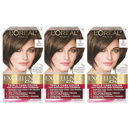 L'Oreal Paris Excellence Creme Permanent Hair Color, 5 Medium Brown, 100 percent Gray Coverage Hair Dye, Pack of 3