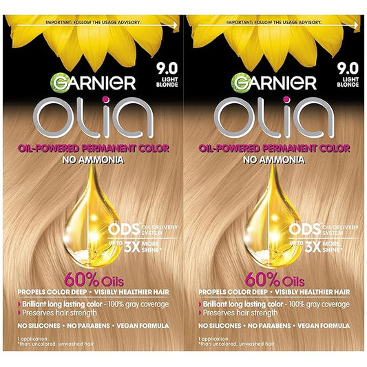 Garnier Hair Color Olia Ammonia-Free Brilliant Color Oil-Rich Permanent Hair Dye, 9.0 Light Blonde, 2 Count (Packaging May Vary)