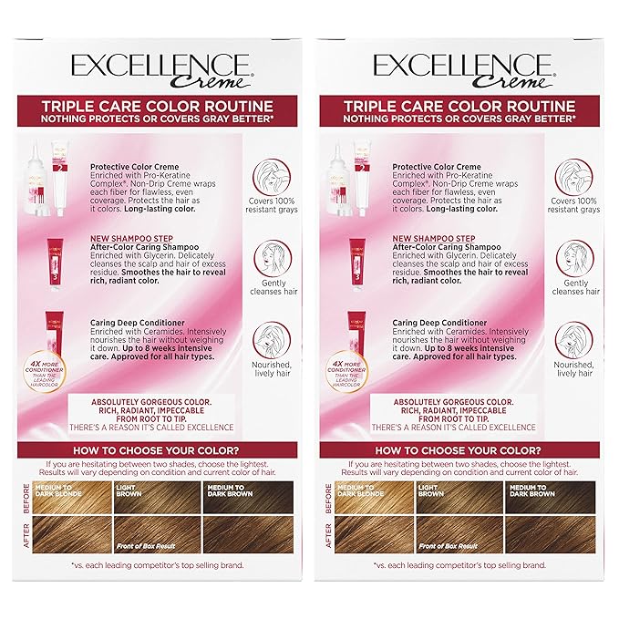L'Oral Paris Excellence Crme Permanent Hair Color, 6G Light Golden Brown, 100% Gray Coverage Hair Dye, Pack of 2