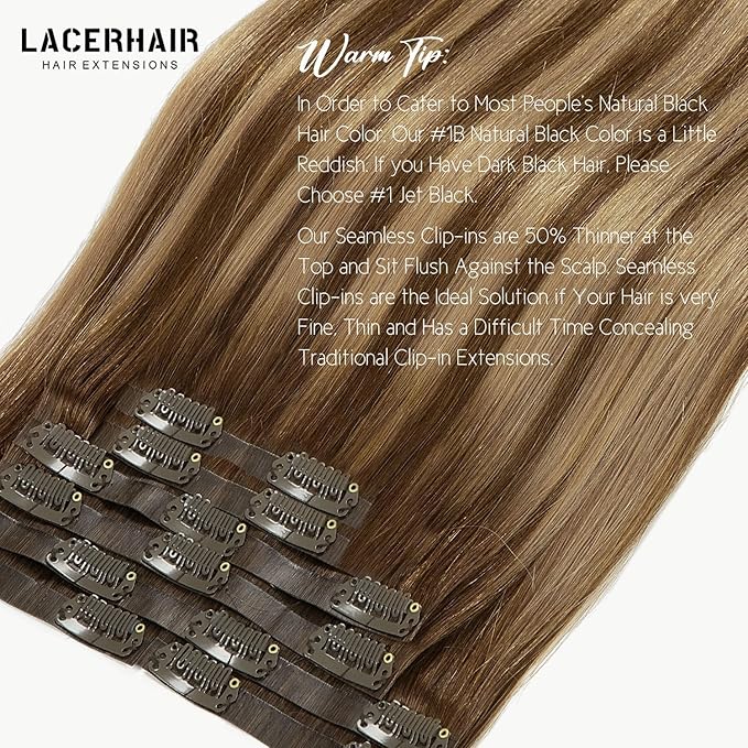 Lacer Seamless Clip in Hair Extensions 7Pcs 130g Clip in Hair Extensions Real Human Hair Chocolate Brown to Caramel Blonde With Brown Roots 18 Clips Invisible PU Skin Weft 16inch For Women