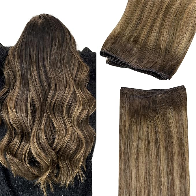 GOO GOO Sew in Hair Extensions Real Human Hair, Weft Hair Extensions Human Hair, 4D/14/5B Brunette Balayage 16inch 100g, Weft Bundles Straight Silky Remy Hair