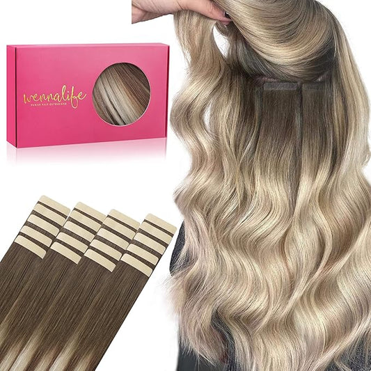 WENNALIFE Tape in Hair Extensions Human Hair, 20pcs 50g 20 inch Sandy Brown to Platinum Blonde Remy Hair Extensions Straight Human Hair Tape in Extensions Skin Weft Tape Extensions Human Hair