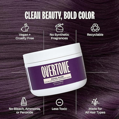 Overtone Color Depositing Semi-Permanent Hair Dye Conditioner - 8 oz For Natural & Color-Treated Hair, Moisturizing Shea Butter & Coconut Oil - Vegan & Cruelty-Free, Purple For Brown is now Royal Plum