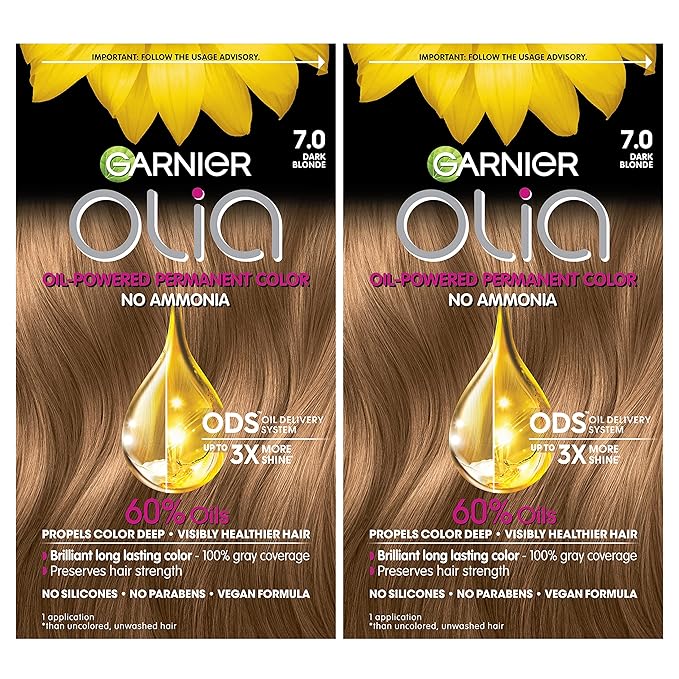 Garnier Hair Color Olia Ammonia-Free Brilliant Color Oil-Rich Permanent Hair Dye, 7.0 Dark Blonde, 2 Count (Packaging May Vary)