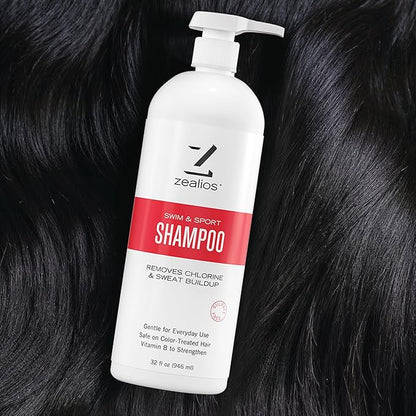 Zealios Sport Clarifying Shampoo, 32 oz Pump Bottle for Extremely Damaged Hair, Pool Hair Repair & Protector - Sulfate-Free, Moisturizing Chlorine & Salt Removal, Color-Safe, Citrus Scent for Swimmers