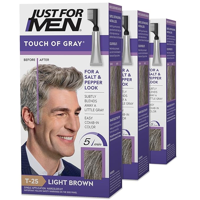 Just For Men Touch of Gray, Gray Hair Coloring Kit for Men with Comb Applicator for Easy Application, Great for a Salt and Pepper Look - Light Brown, T-25, Pack of 3 (Packaging May Vary)