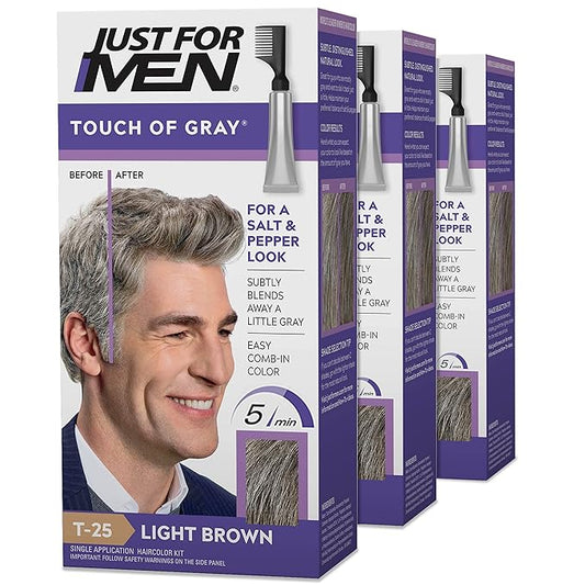 Just For Men Touch of Gray, Gray Hair Coloring Kit for Men with Comb Applicator for Easy Application, Great for a Salt and Pepper Look - Light Brown, T-25, Pack of 3 (Packaging May Vary)