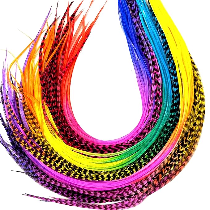 21 Rainbow Tie Dye Color Hair Extensions – 9”–14” Long – DIY Rooster Kit with 20 Micro-Link Beads – 100% Real Feathers – Eye-Catching Boho Style