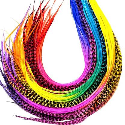 21 Rainbow Tie Dye Color Hair Extensions – 9”–14” Long – DIY Rooster Kit with 20 Micro-Link Beads – 100% Real Feathers – Eye-Catching Boho Style