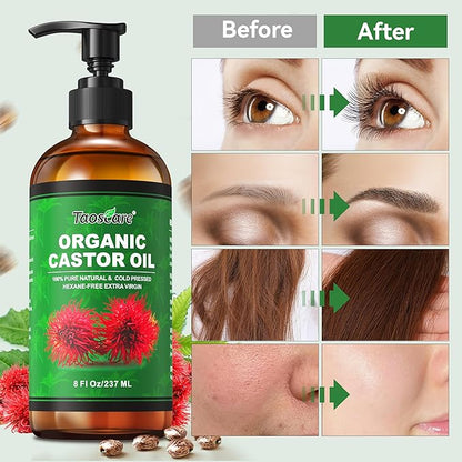 2 Pack Castor Oil Organic Cold Pressed Unrefined Glass Bottle with 2 Pumps – Pure & Hexane-Free for Hair Growth, Skin Care, Lashes, Brows, Body Nourishment – Ideal for Caster Oils Pack Wrap