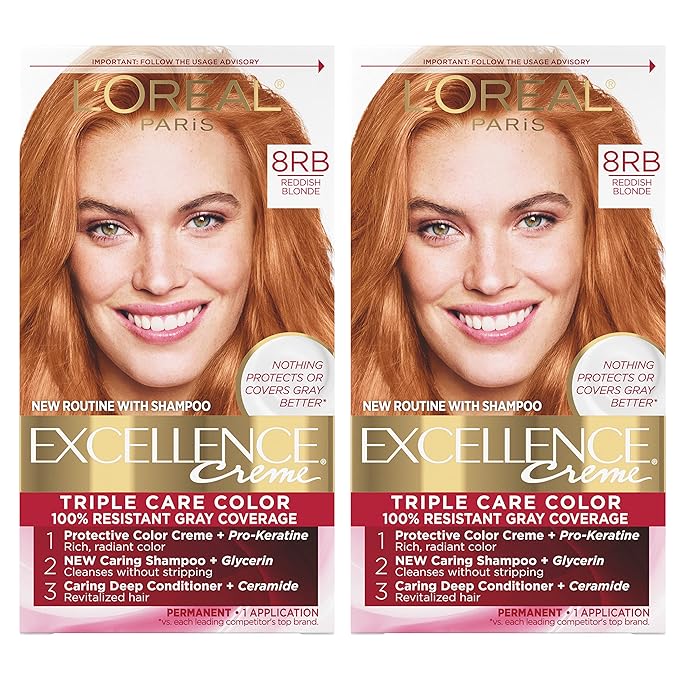 L'Oreal Paris Excellence Creme Permanent Hair Color, 8RB Medium Reddish Blonde, 100 percent Gray Coverage Hair Dye, Pack of 2