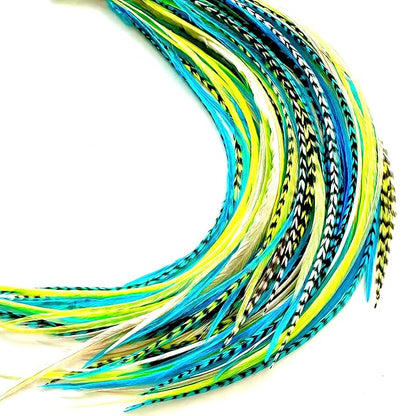 21 Neon Green & Turquoise Color Hair Extensions – 9”–14” Long – DIY Rooster Kit with 20 Micro-Link Beads – 100% Real Feathers – Eye-Catching Boho Style