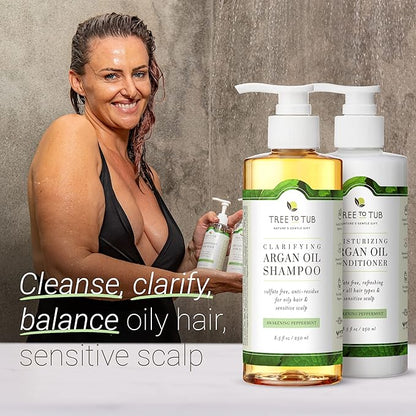 Tree To Tub Sulfate Free Shampoo and Conditioner Set for Oily Hair, Frizz, Sensitive Scalp - Hydrating Argan Oil Shampoo and Conditioner for Women & Men w/Organic Coconut Oil, All Natural Peppermint