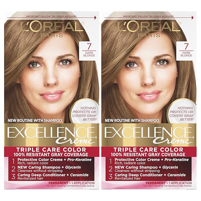 L'Oreal Paris Excellence Creme Permanent Hair Color, 7 Dark Blonde, 100 percent Gray Coverage Hair Dye, Pack of 2