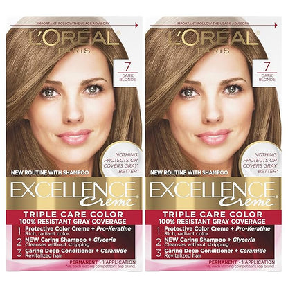 L'Oreal Paris Excellence Creme Permanent Hair Color, 7 Dark Blonde, 100 percent Gray Coverage Hair Dye, Pack of 2