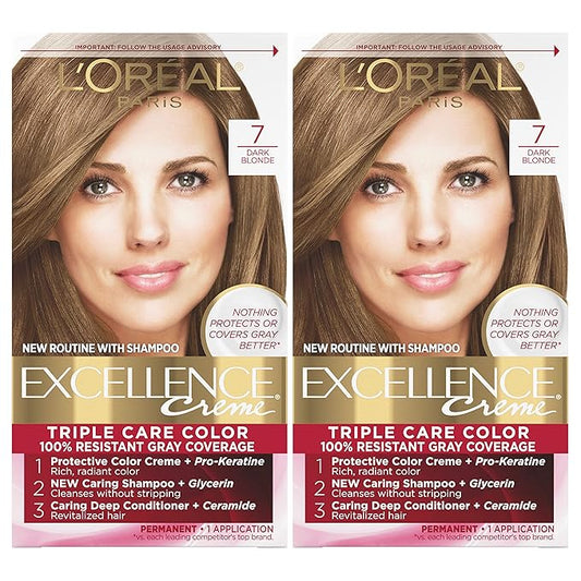 L'Oreal Paris Excellence Creme Permanent Hair Color, 7 Dark Blonde, 100 percent Gray Coverage Hair Dye, Pack of 2