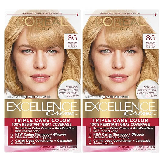 L'Oreal Paris Excellence Creme Permanent Hair Color, 8G Medium Golden Blonde, 100 percent Gray Coverage Hair Dye, Pack of 2