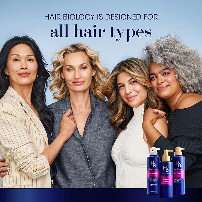 Hair Biology Full & Vibrant Set Including: Volumizing Shampoo (12.8 Fl Oz), Conditioner (12.8 Fl Oz) & Thickening Treatment (6.4 Fl Oz), for Thin or Fine Hair, Biotin Infused, Paraben-Free, Color-Safe