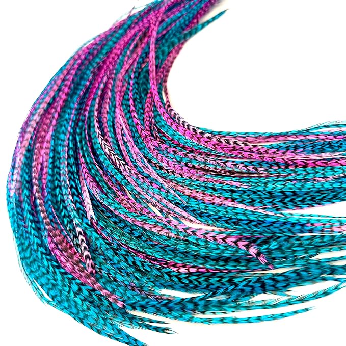 21 Hot Pink & Turquoise Grizzly Hair Extensions – 9”–14” Long – DIY Rooster Kit with 20 Micro-Link Beads – 100% Real Feathers – Eye-Catching Boho Style