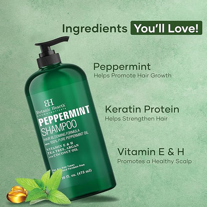 Botanic Hearth Peppermint Oil Shampoo | Hair Blooming Formula With Keratin For Thinning Hair | Fights Hair Loss, | Sulfate Free For Men And Women | 16 Fl Oz