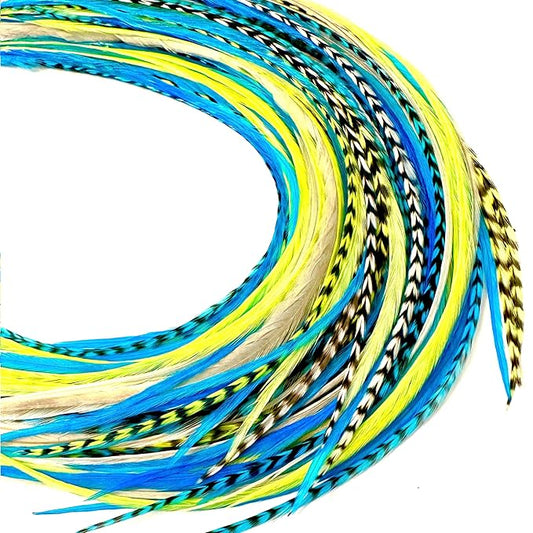 21 Neon Green & Turquoise Color Hair Extensions – 9”–14” Long – DIY Rooster Kit with 20 Micro-Link Beads – 100% Real Feathers – Eye-Catching Boho Style