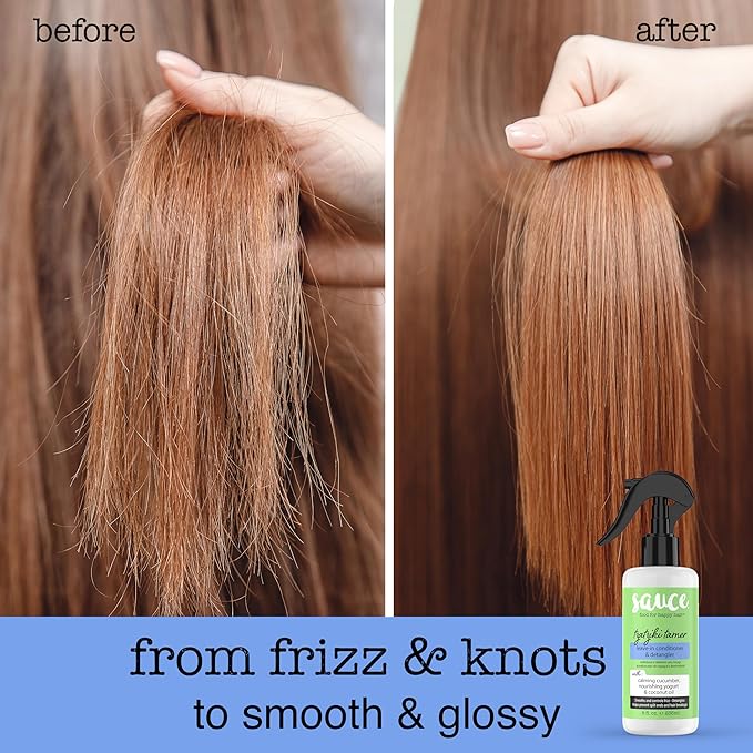 SAUCE BEAUTY Leave In Conditioner & Detangler Spray (8 Fl Oz) Tzatziki Leave In Conditioner for Curly, Oily & Damaged Hair, Fly Away Hair Tamer, Curl Enhancer, Detangling Spray with Coconut Oil