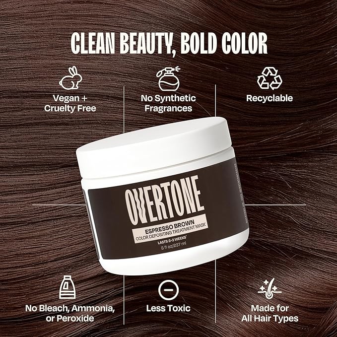 Overtone Color Depositing Semi-Permanent Hair Dye Conditioner - 8 oz For Natural & Color-Treated Hair, Moisturizing Shea Butter & Coconut Oil - Vegan & Cruelty-Free, Espresso Brown
