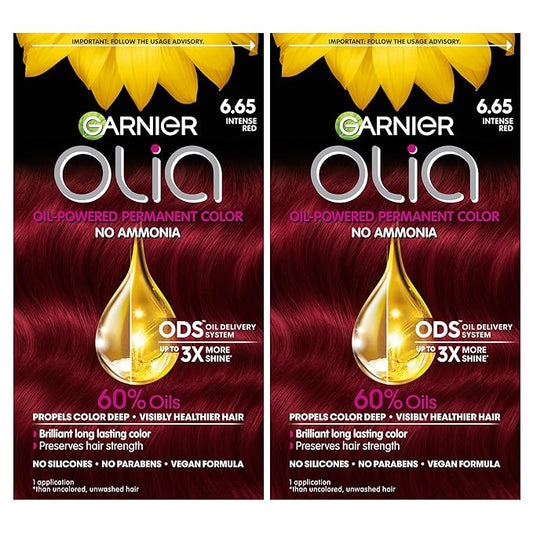 Garnier Olia Hair Color, Oil Powered Ammonia Free Permanent Hair Dye for Long-Lasting Color, 6.65 Intense Red, 2 Dye Kits