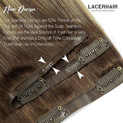 Lacer Human Hair Clip in Extensions 7Pcs 20 Inch Seamless Clip in Hair Extensions Highlignt Warm Brown to Dark Caramel Blonde Invisible PU Skin Weft Natural Human Hair 110Grams 18 Clips