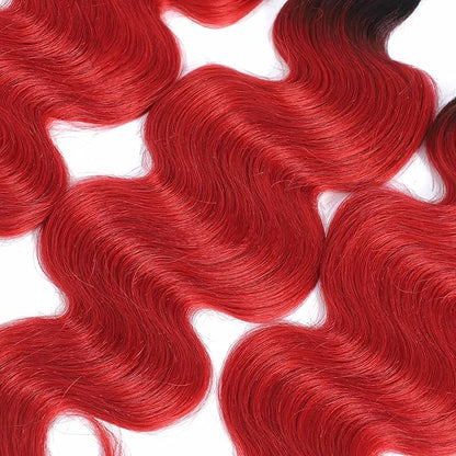 1B/Red Human Hair Ombre Body Wave Bundles 8 10 12 inch Brazilian Virgin Remy Hair Extensions Two Tone Black Roots To Red Body Wave Bundles Soft and Silky For Women