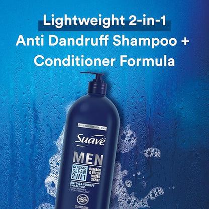 Suave Men 2 in 1 Anti Dandruff Shampoo and Conditioner, Classic Clean with Bamboo scent, 40 oz Pack of 3