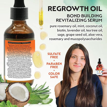 Hair & Scalp Regrowth Oil, Pure Rosemary, Coconut Oil, Biotin & Mucopolysaccharides, (polysaccharide/sugar polymer), Repairs & Promotes Hair Growth, Revitalizing Serum, 2 oz