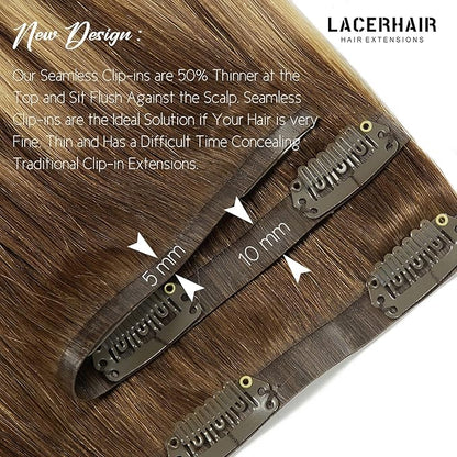 LacerHair PU Clip in Hair Extensions Remy Human Hair Chocolate Brown to Caramel Blonde with Brown Roots 22 Inch Thick Remy Glam Seamless Light Hair Extensions with Skin-Weft Technology 110g 7pcs