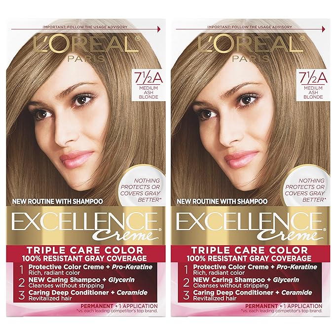 L'Oreal Paris Excellence Creme Permanent Hair Color, 7.5A Medium Ash Blonde, 100 percent Gray Coverage Hair Dye, Pack of 2
