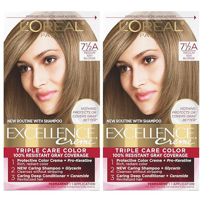 L'Oreal Paris Excellence Creme Permanent Hair Color, 7.5A Medium Ash Blonde, 100 percent Gray Coverage Hair Dye, Pack of 2