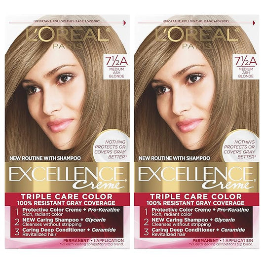 L'Oreal Paris Excellence Creme Permanent Hair Color, 7.5A Medium Ash Blonde, 100 percent Gray Coverage Hair Dye, Pack of 2