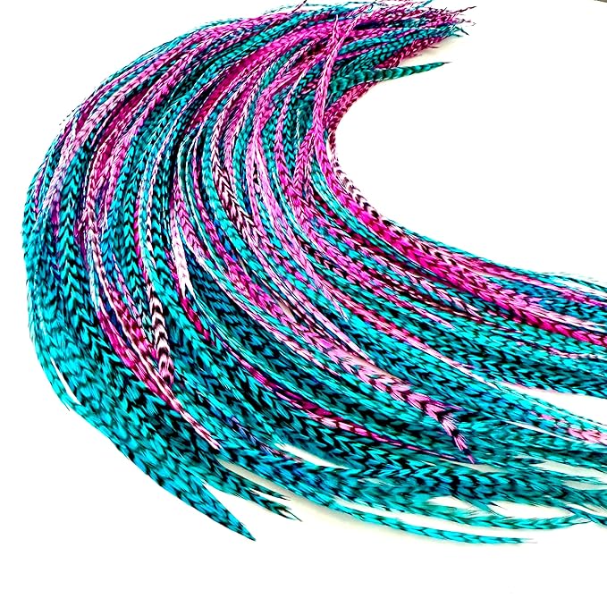 21 Hot Pink & Turquoise Grizzly Hair Extensions – 9”–14” Long – DIY Rooster Kit with 20 Micro-Link Beads – 100% Real Feathers – Eye-Catching Boho Style