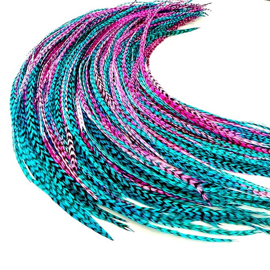21 Hot Pink & Turquoise Grizzly Hair Extensions – 9”–14” Long – DIY Rooster Kit with 20 Micro-Link Beads – 100% Real Feathers – Eye-Catching Boho Style